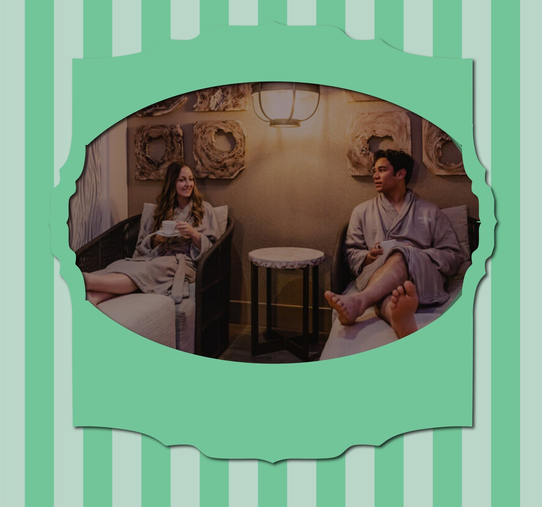 A couple relaxing in robes in the spa lounge at The Elms Hotel & Spa